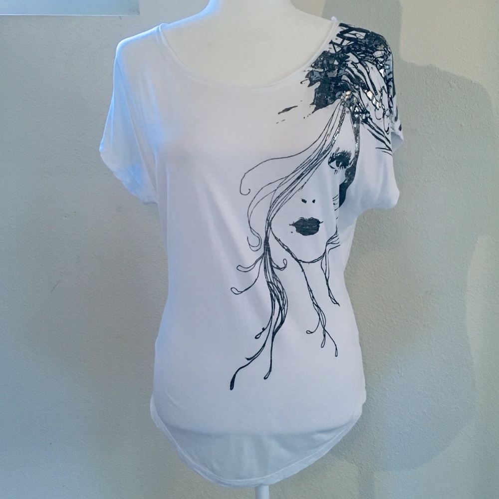 Forever 21 White Gray Silver Portrait Graphic Tee